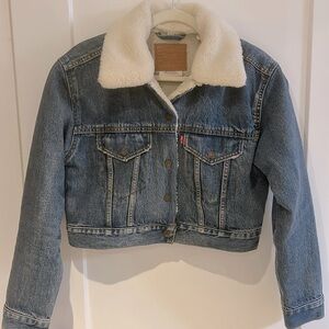 Levi’s Distressed Sherpa Lined Crop Denim Jacket Removable Collar